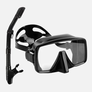 Black diving mask with black diving snorkel